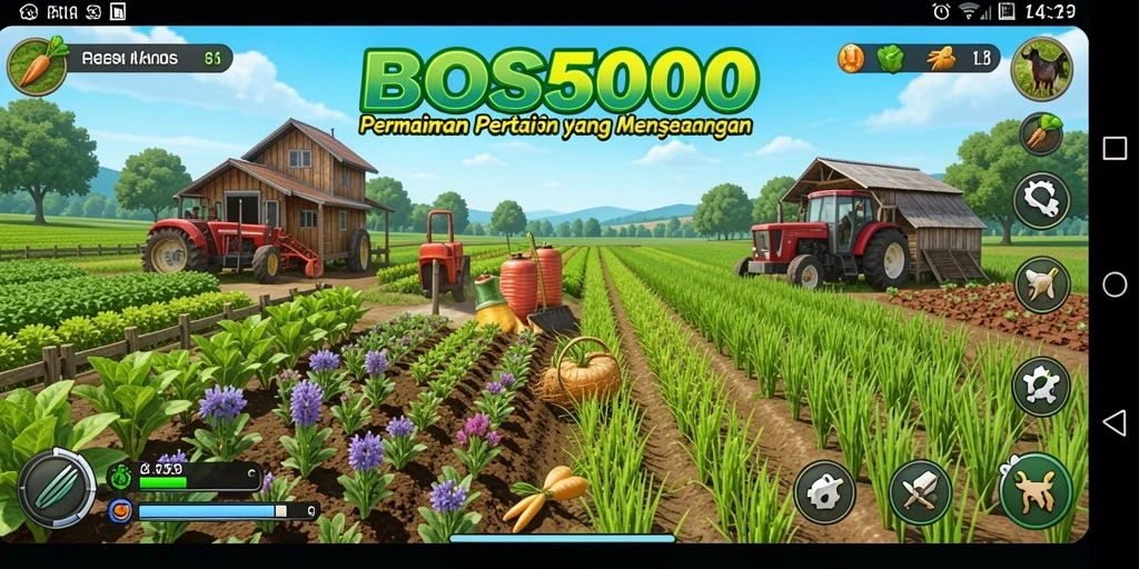 Tampilan menarik dari gameplay pertanian BOS5000 yang penuh warna.