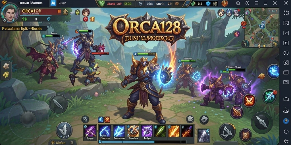 Screenshot utama ORCA128 menampilkan aksi seru dalam pertempuran MMORPG.