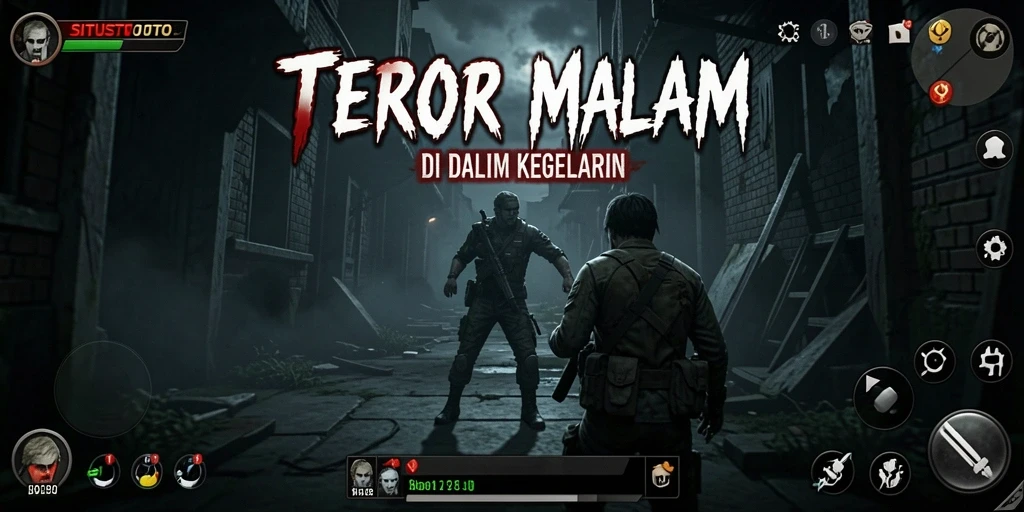 Screenshot permainan menampilkan karakter dalam kegelapan dengan hantu yang mengintai.
